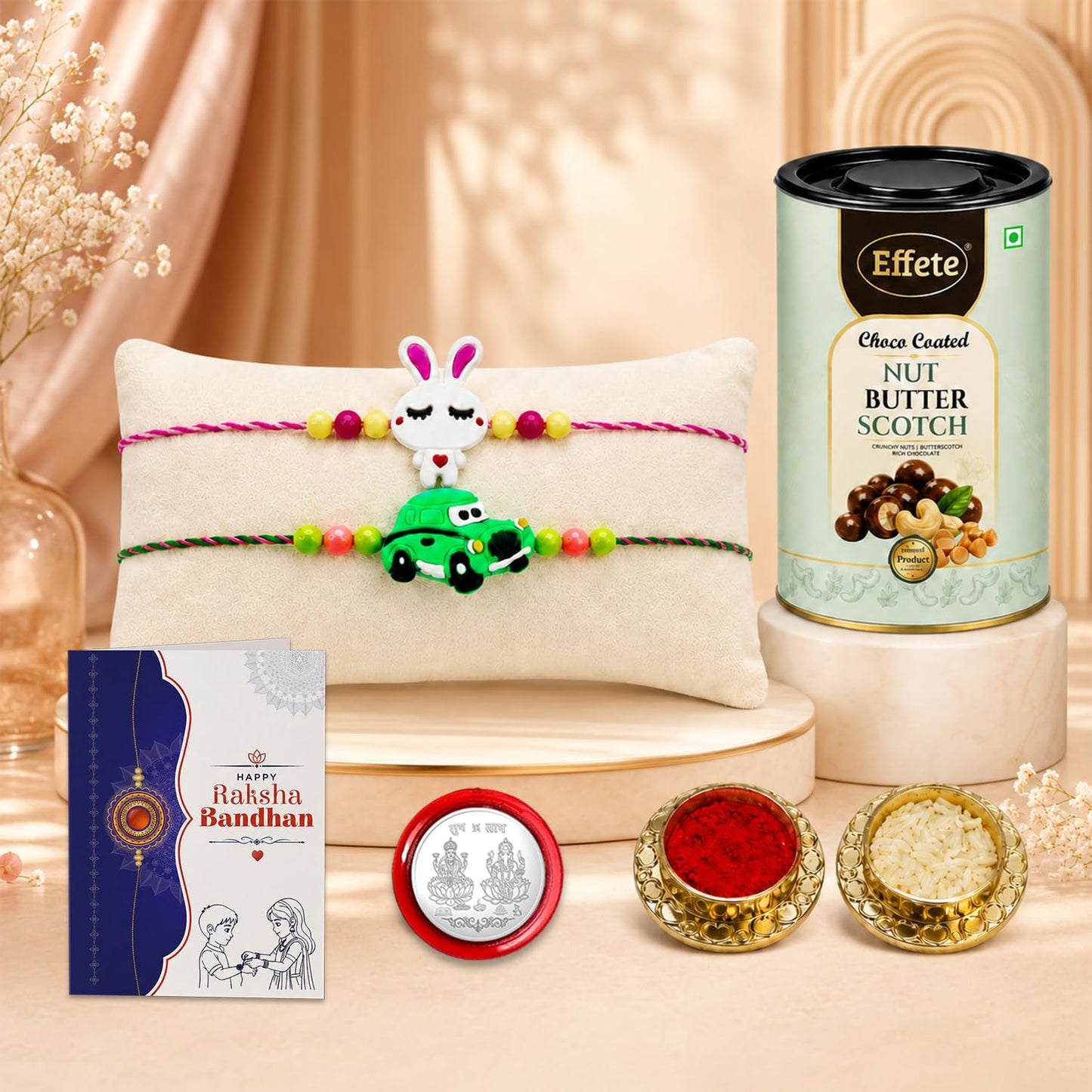 Kids Rakhi for Brother with Butter Scotch 96gm, Roli Tikka & Card, Pack of 6