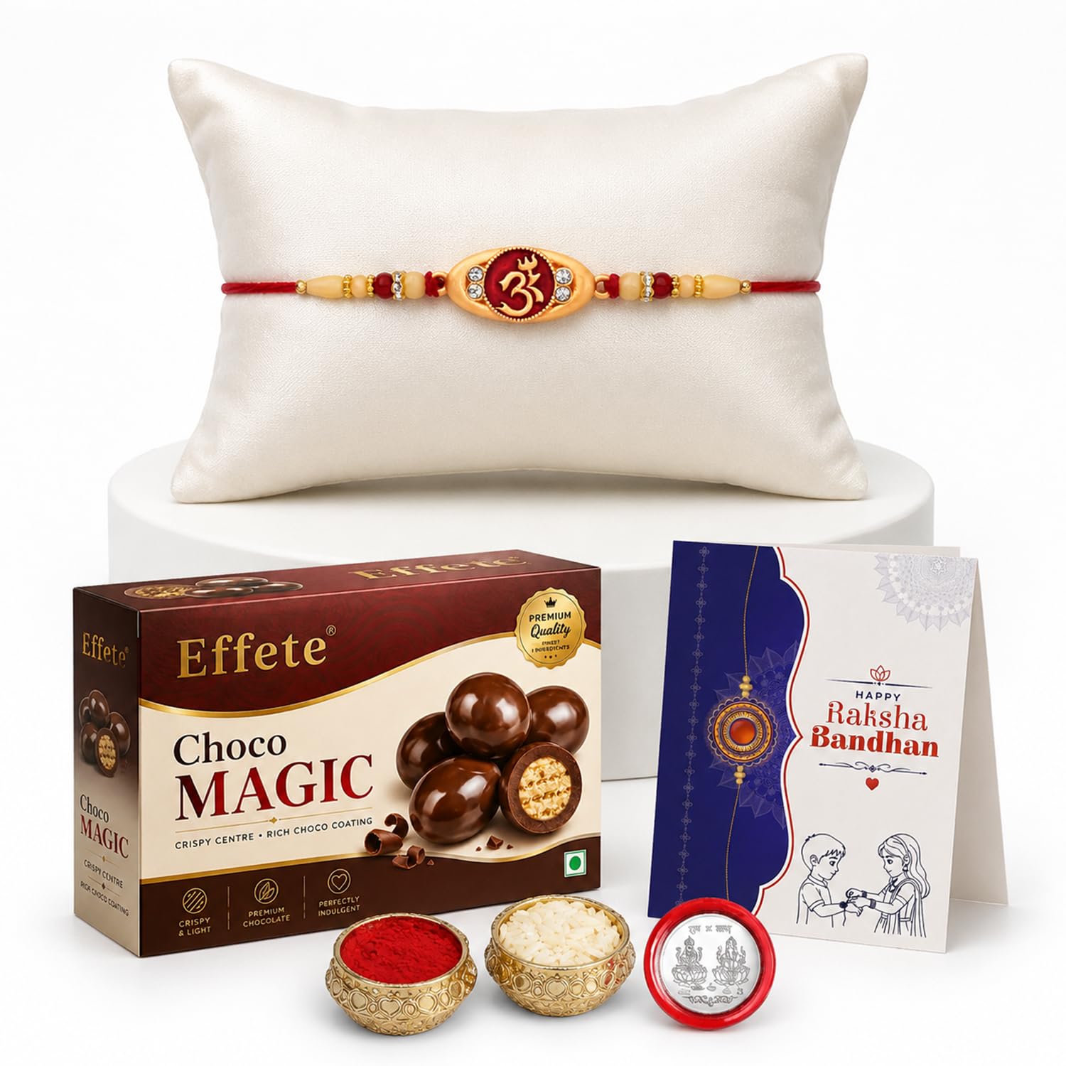 OM Rakhi for Brother with Choco Magic 96gm, Roli Tikka & Greeting Card, Pack of 5
