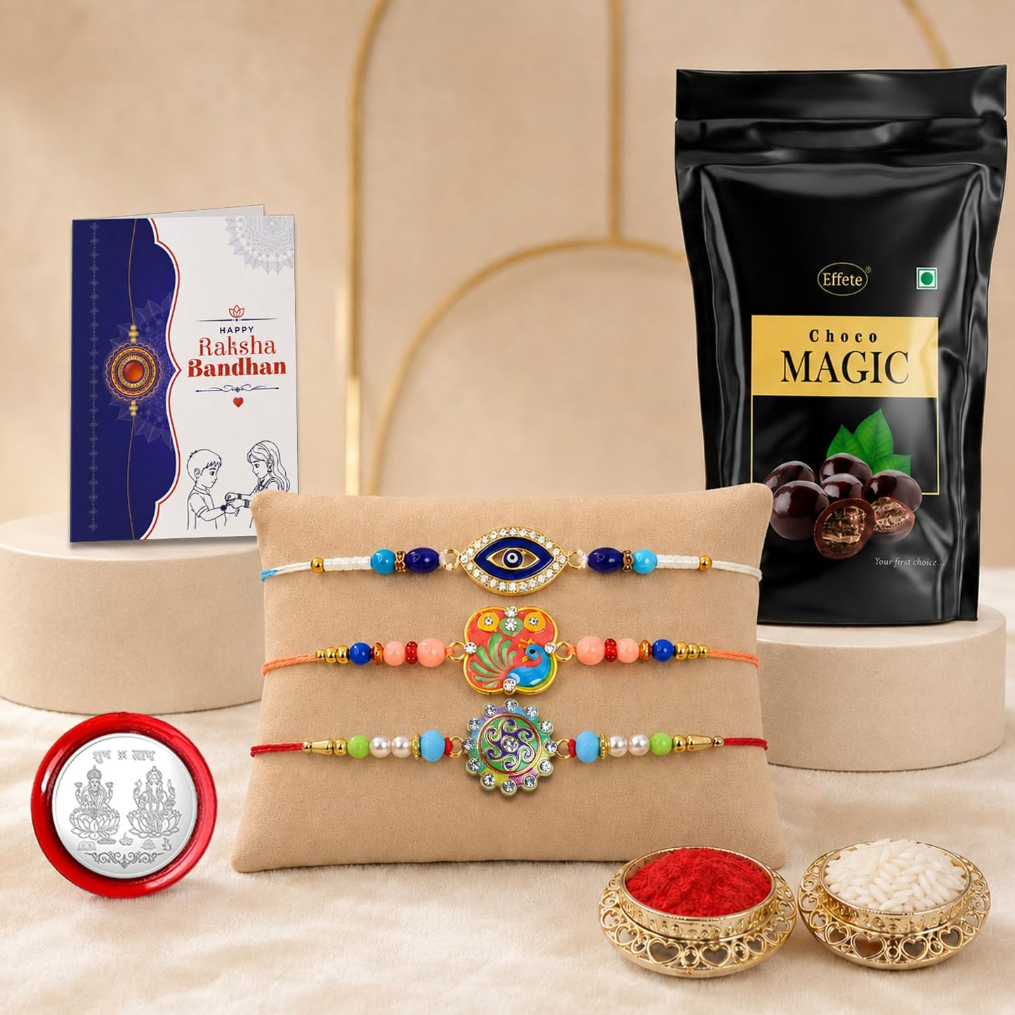 Evil Eye Rakhi Combo - Raksha Bandhan Gift with Choco Magic Standy Pouch, Pack of 7