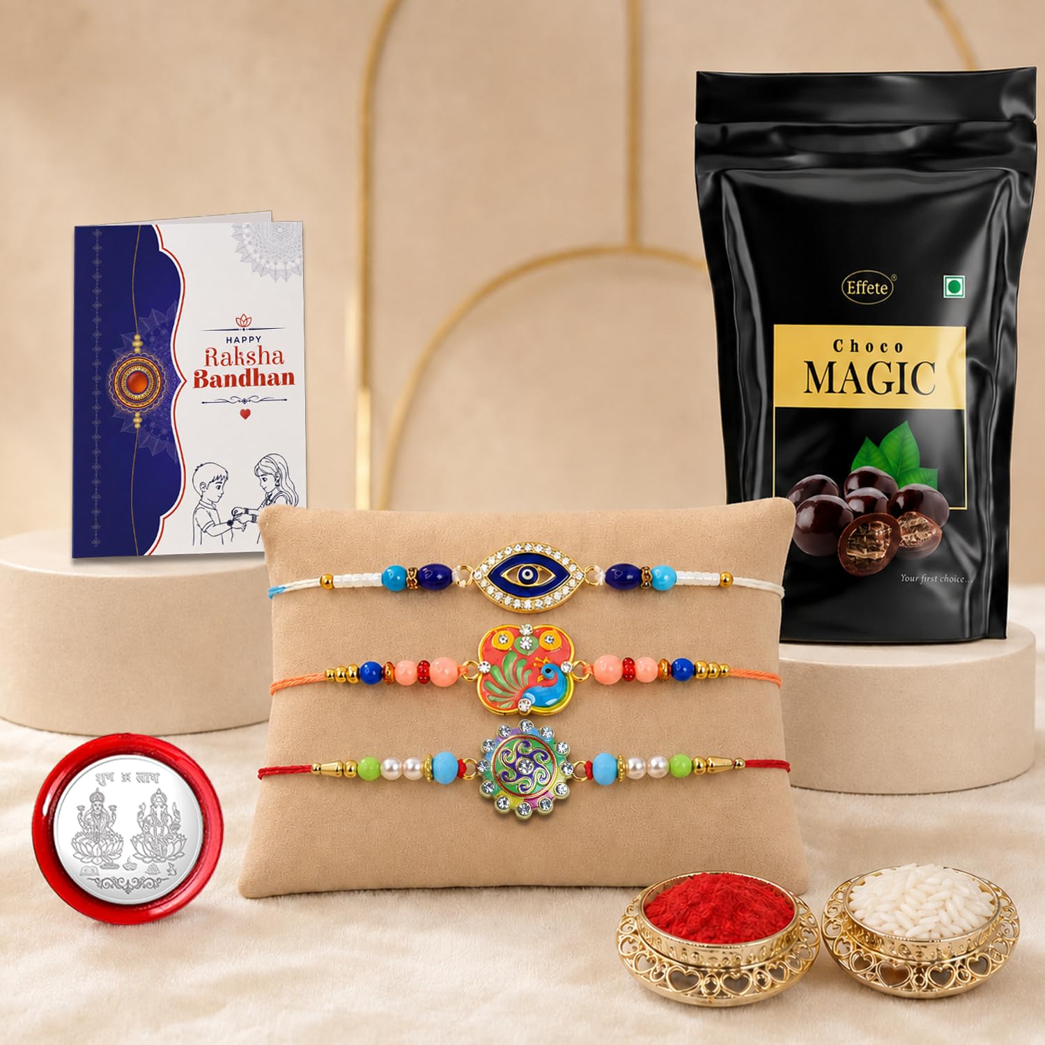 Evil Eye Rakhi Combo - Raksha Bandhan Gift with Choco Magic Standy Pouch, Pack of 7