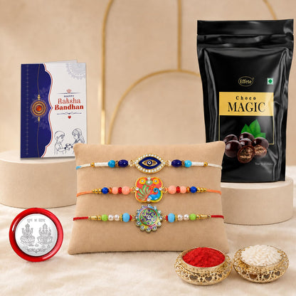 Evil Eye Rakhi Combo - Raksha Bandhan Gift with Choco Magic Standy Pouch, Pack of 7