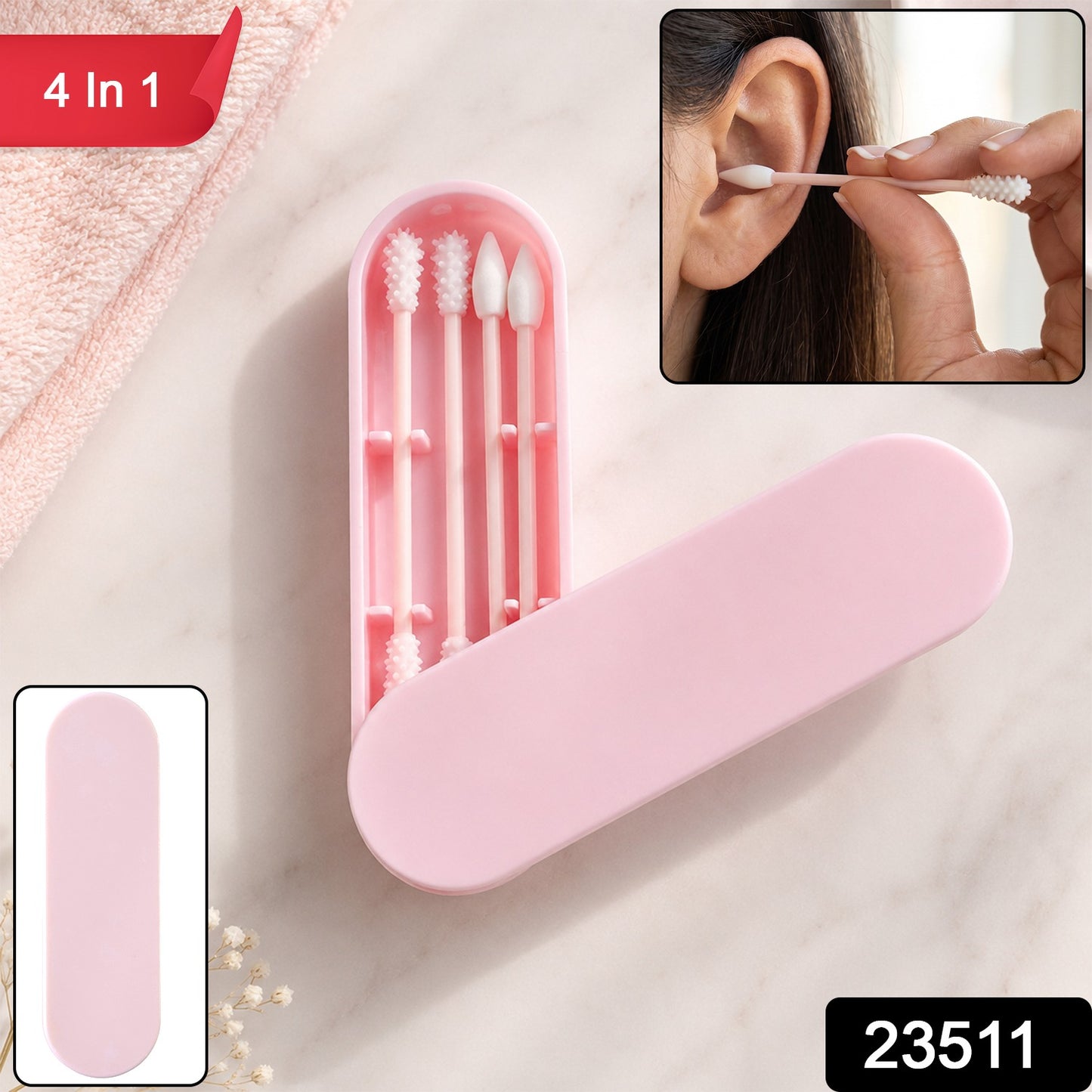 4 In 1 Reusable Silicone Ear Swab Set with Case Washable Ear Buds (1 Set)