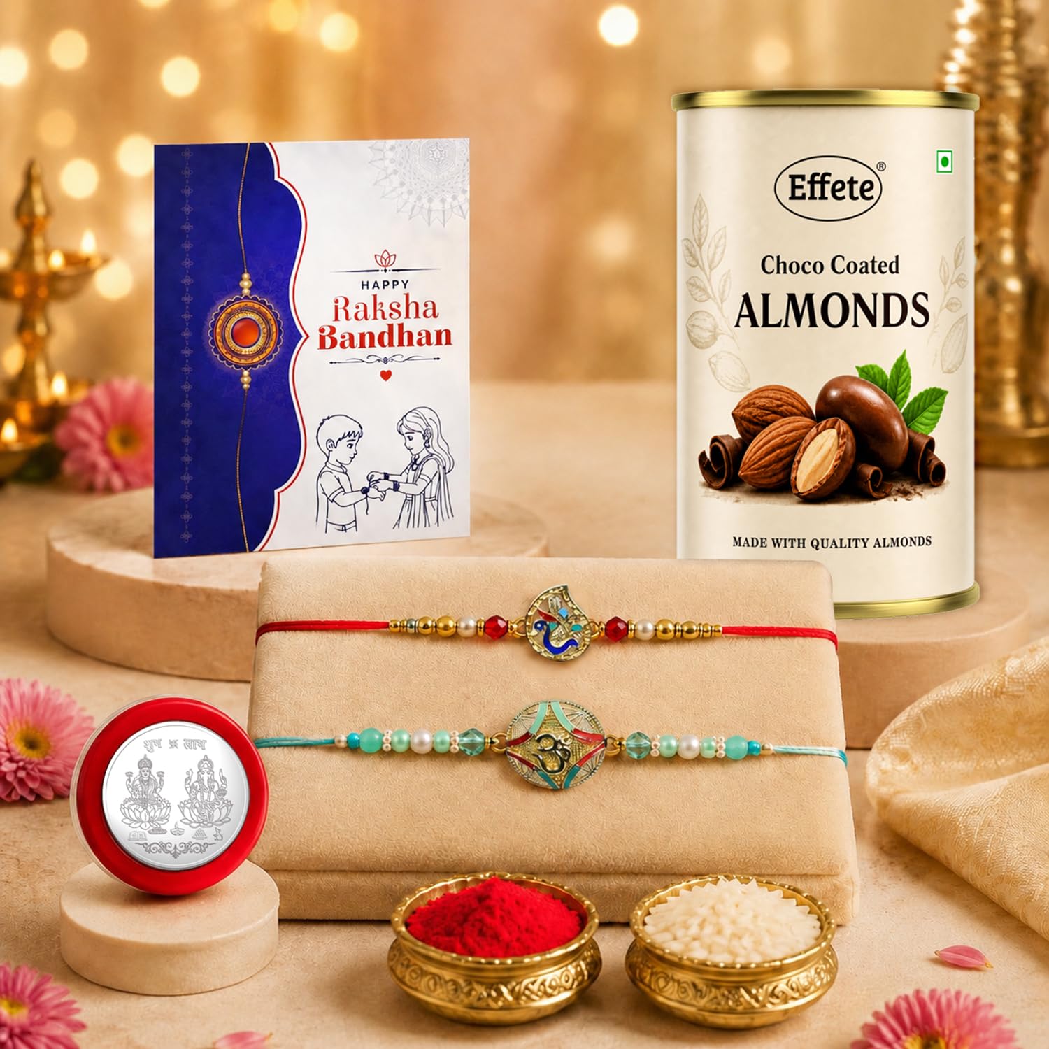 Mor and Om Rakhi for Brother with Chocolate Almonds 96gm, Coin & Card, Pack of 5
