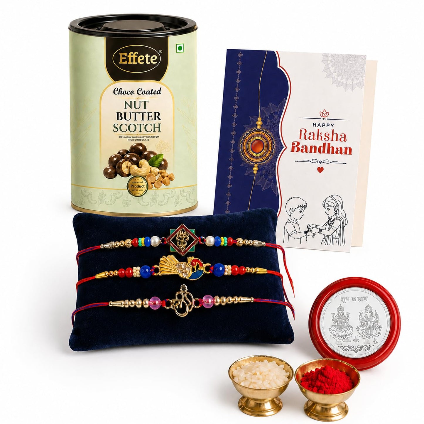 Ganesh Charm Rakhi for Brother with Butter Scotch 96gm, Coin & Card, Pack of 7