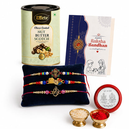 Ganesh Charm Rakhi for Brother with Butter Scotch 96gm, Coin & Card, Pack of 7