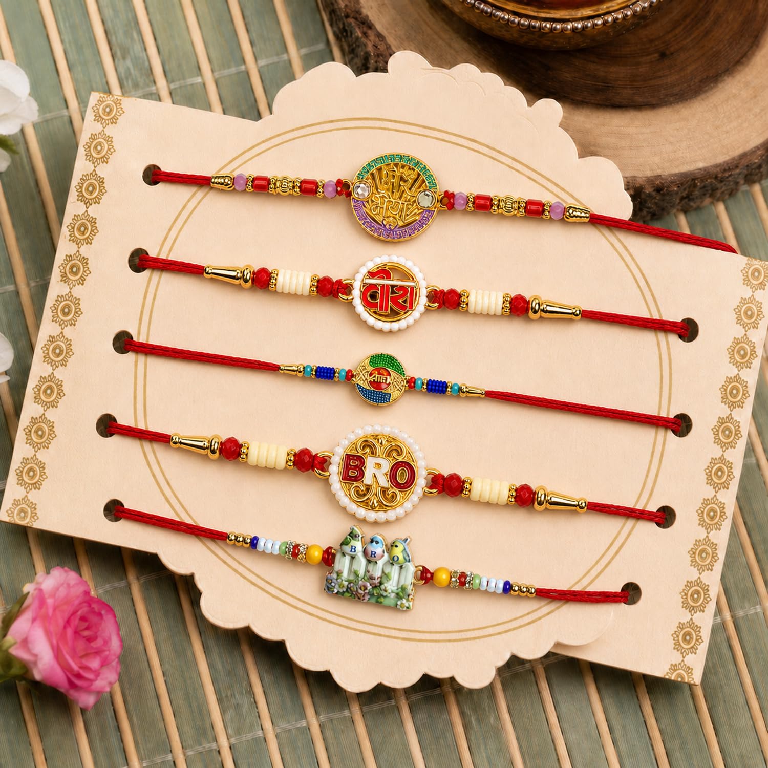 Handcrafted Radiant Rakhi for Brother with Roli Tikka & Greeting Card, Pack of 8