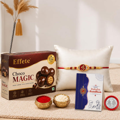 OM Rakhi for Brother with Choco Magic 96gm, Roli Tikka & Greeting Card, Pack of 5