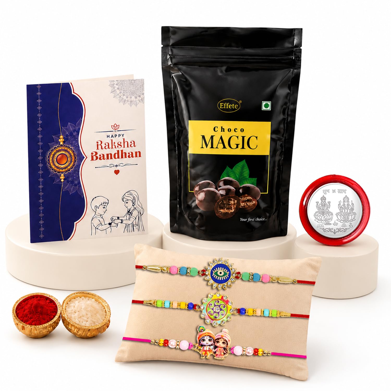 Evil Eye Rakhi for Brother with Choco Magic Pouch, Roli Tikka & Card, Pack of 7