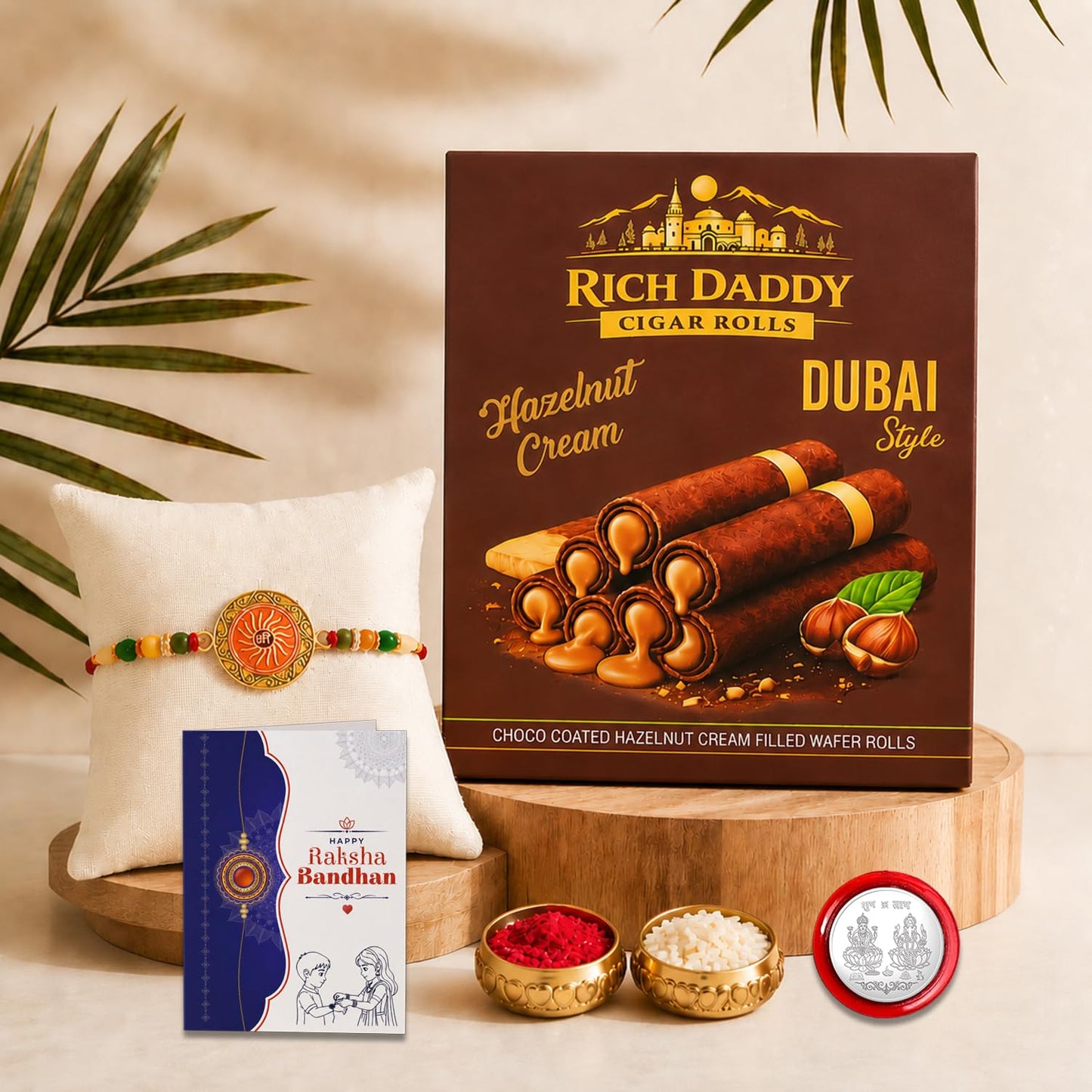 Shree Rakhi for Brother with Hazelnut Wafer Rolls, Roli Tikka & Card, Pack of 5