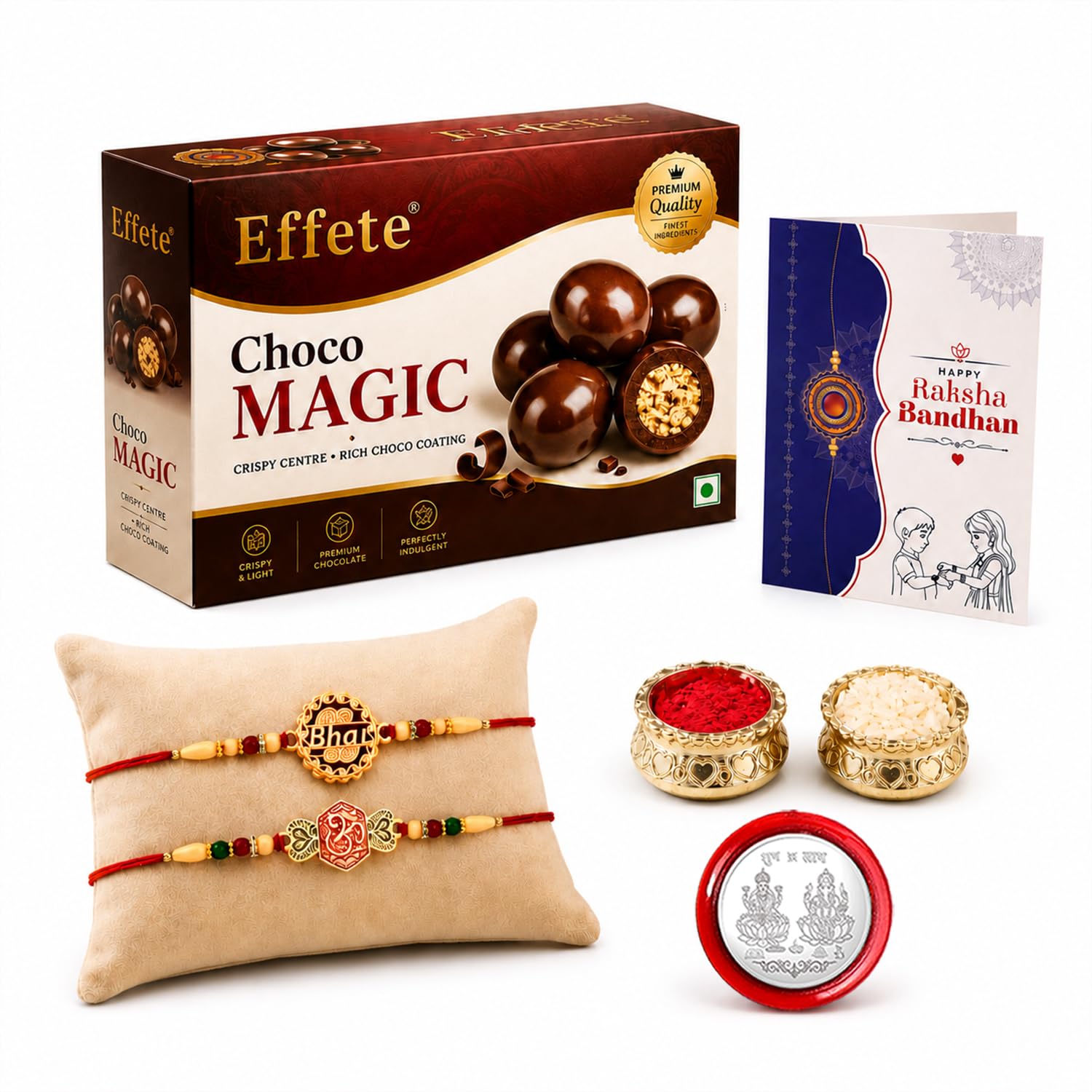 Bhai Rakhi for Brother with Chocolate Magic 96gm, Roli Tikka & Card, Pack of 6