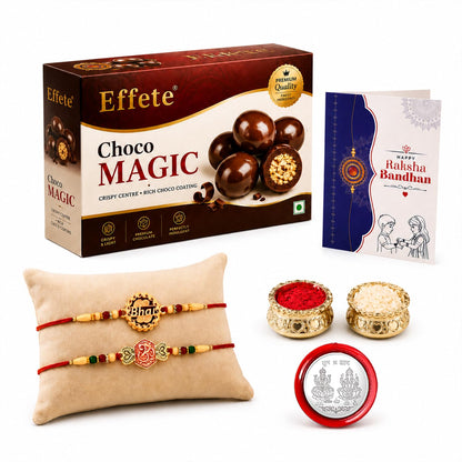 Bhai Rakhi for Brother with Chocolate Magic 96gm, Roli Tikka & Card, Pack of 6