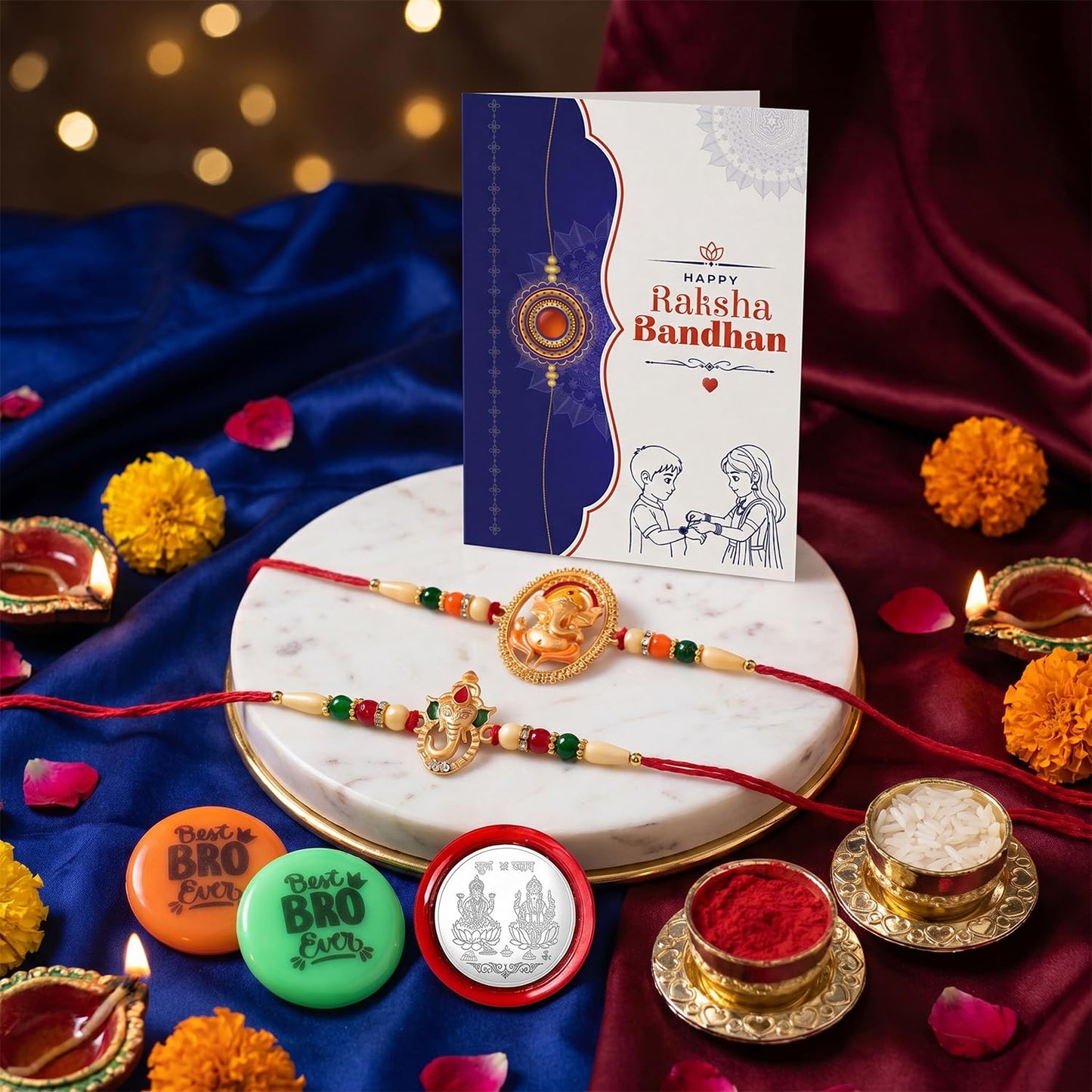 Rakhi Set for Brother (Set of 2) – Elegant Ganesha Rakhi Combo with Roli Chawal