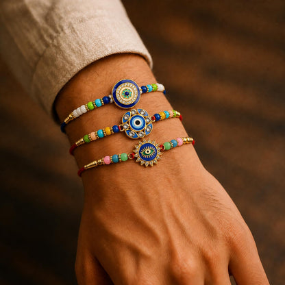 Designer Classic Multicolor Evil Eye Rakhi for Brother with Roli Tikka, Pack of 6