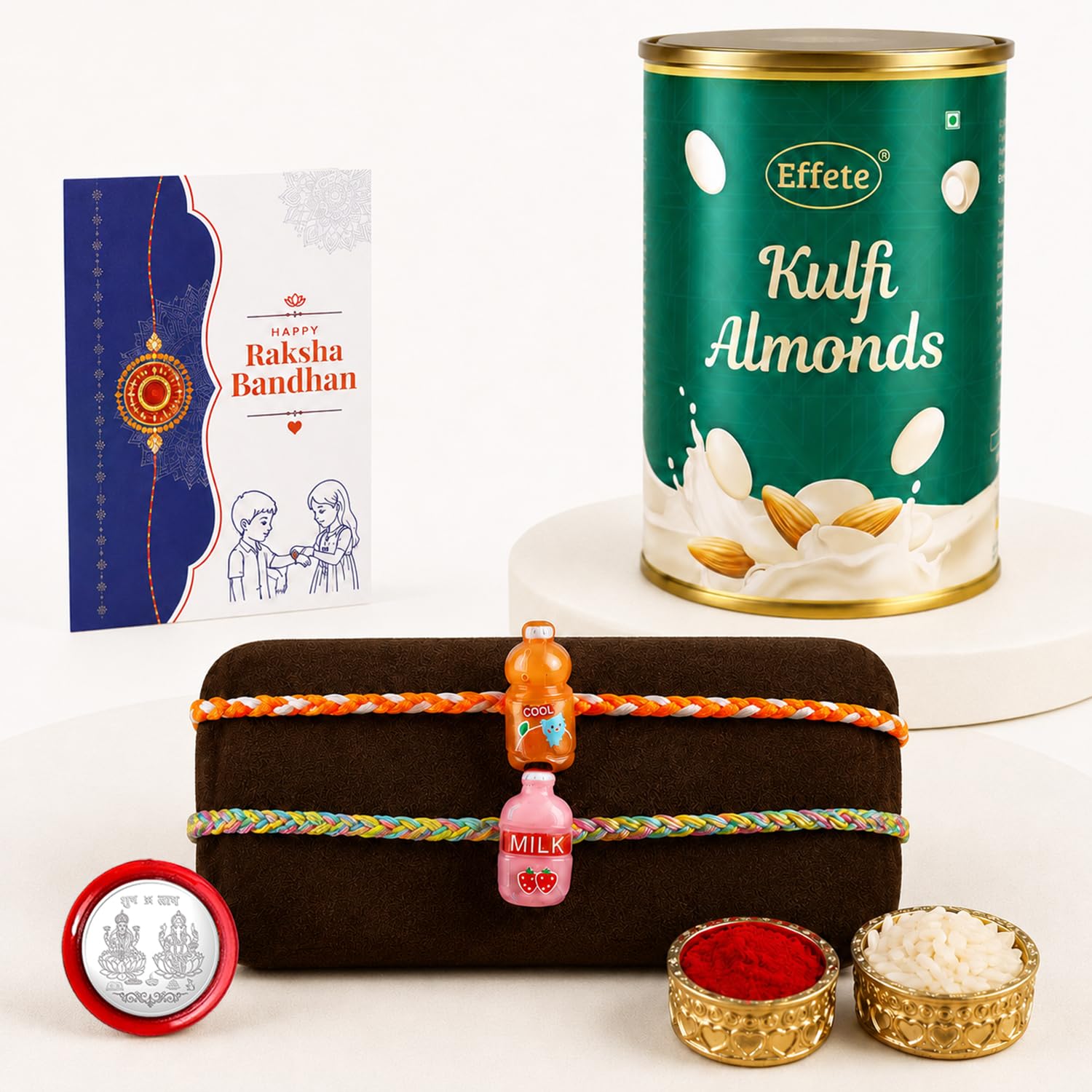 Bottle Rakhi for Brother with Kulfi Almonds 96gm, Roli Tikka & Card, Pack of 6