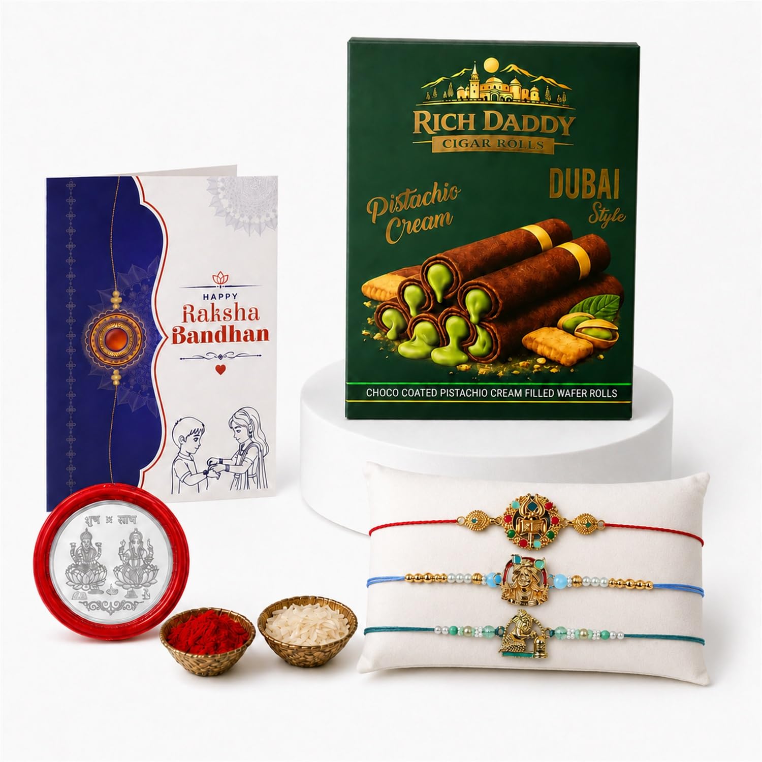 Elephant motif Rakhi for Brother with Pistachio Cream Wafer Rolls, Pack of 7