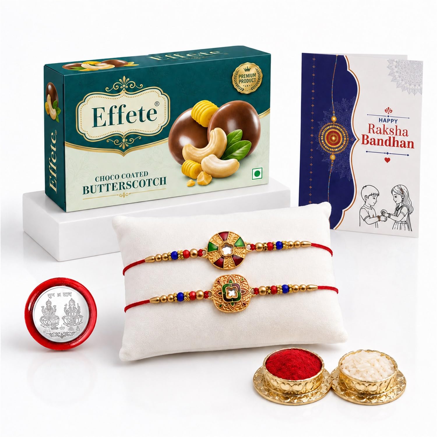 Designer Rakhi for Brother with Butter Scotch 32gm, Roli Tikka & Card, Pack of 6