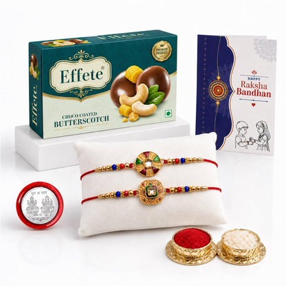 Designer Rakhi for Brother with Butter Scotch 32gm, Roli Tikka & Card, Pack of 6