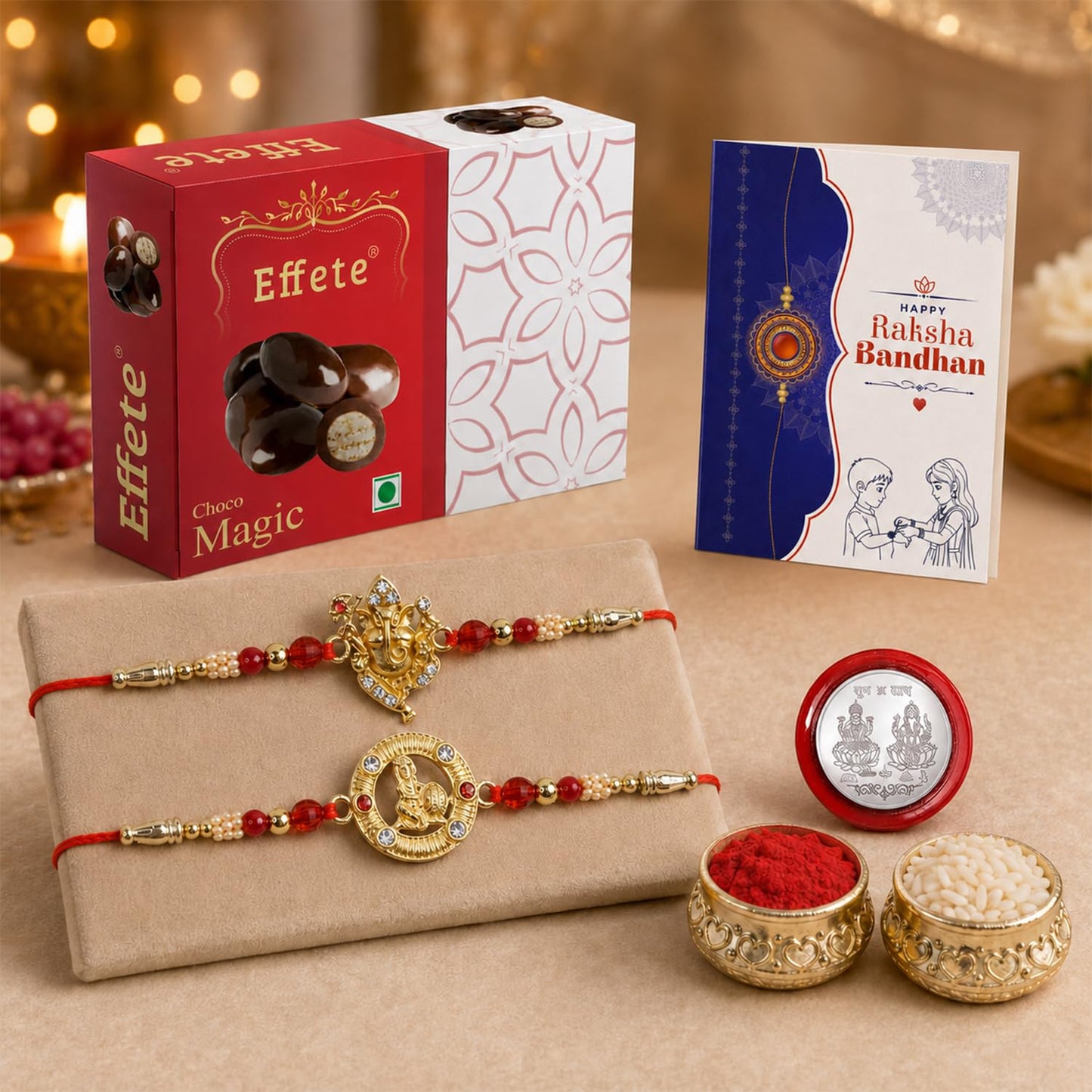 Ganesh Rakhi for Brother with Chocolate Magic 32gm, Roli Tikka & Card, Pack of 6