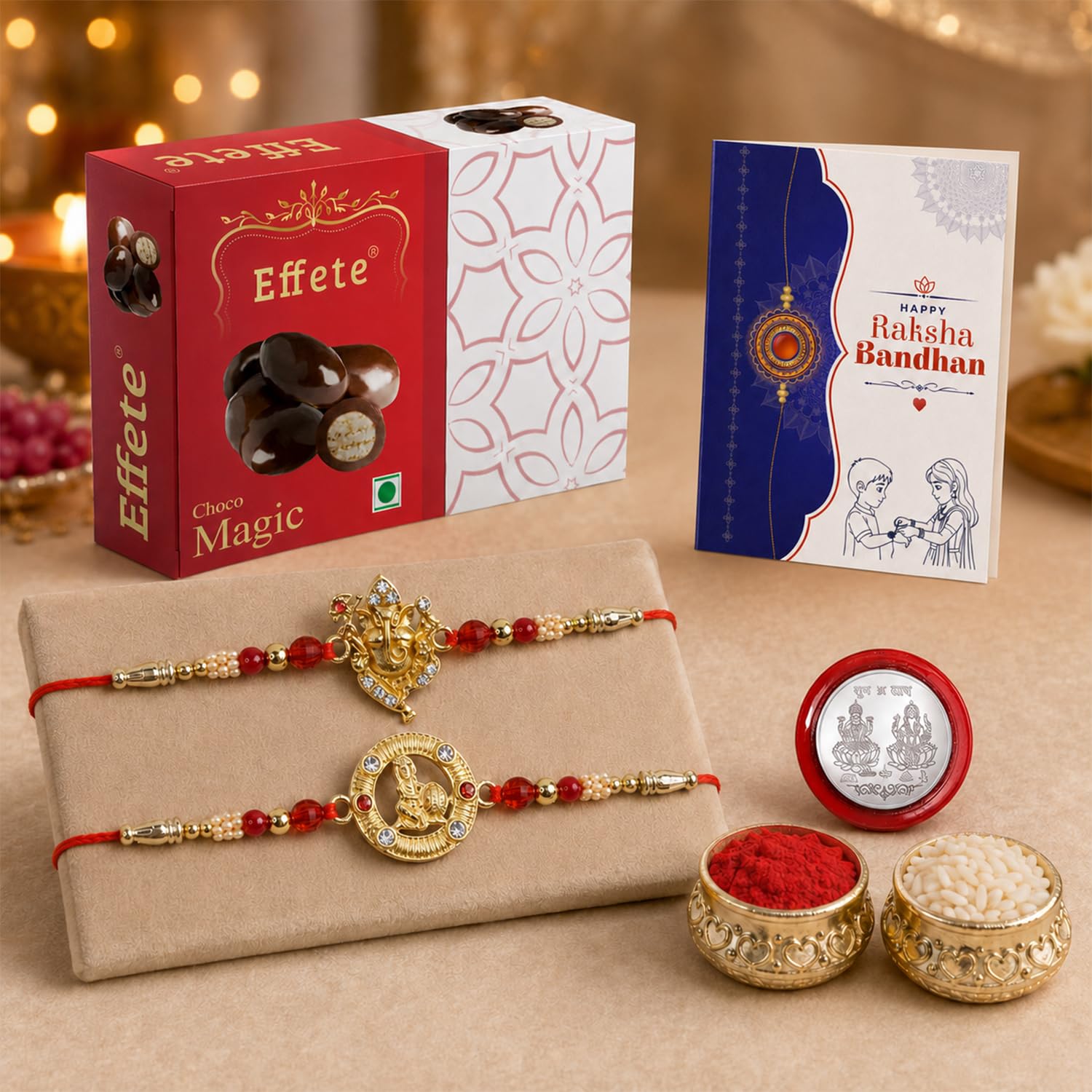 Ganesh Rakhi for Brother with Chocolate Magic 32gm, Roli Tikka & Card, Pack of 6