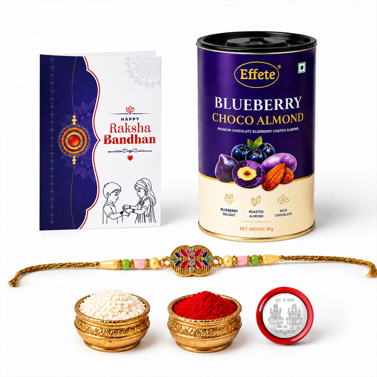 Floral Rakhi for Brother with Blueberry Almond 96gm, Roli Tikka & Card, Pack of 5