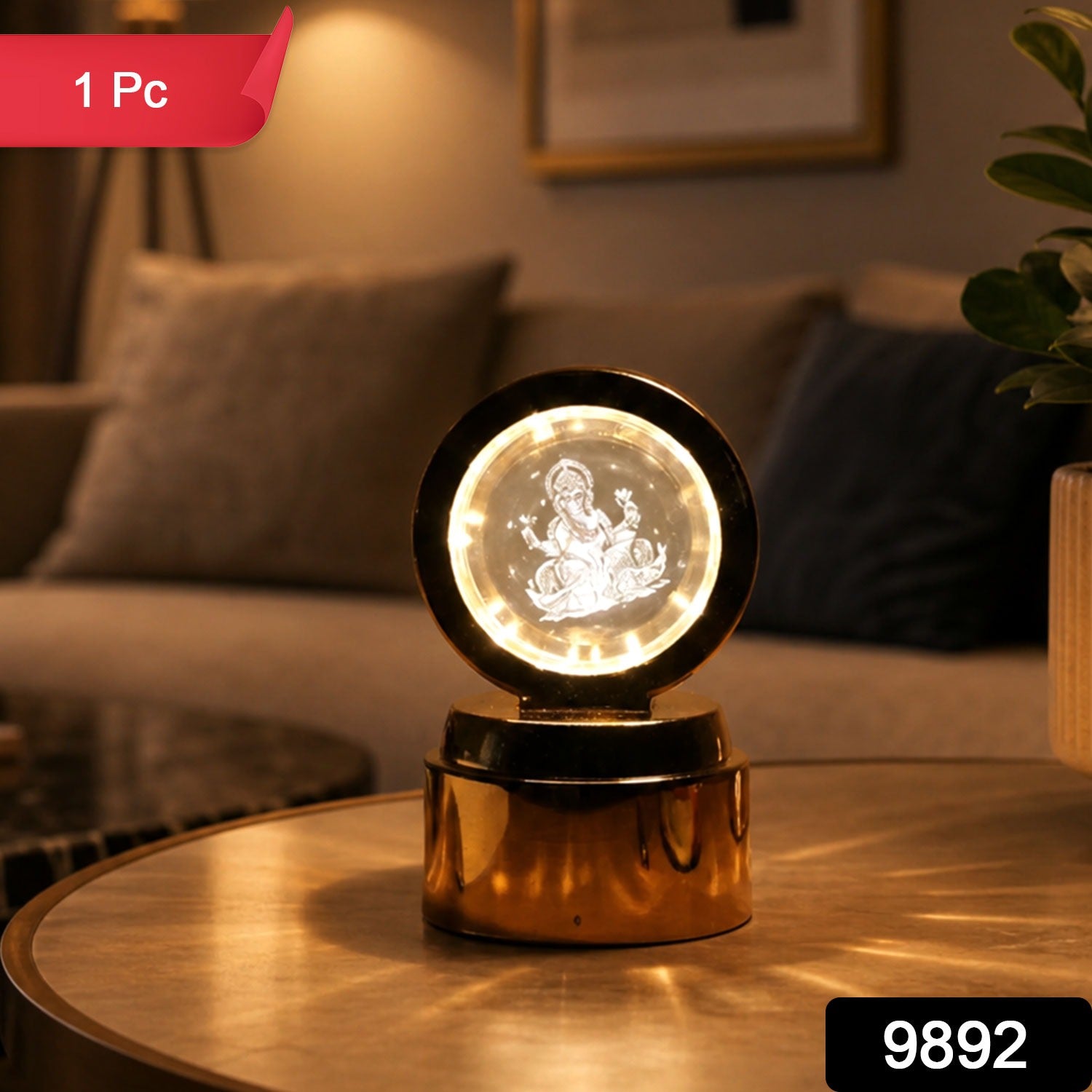 Ganpati Bapa 3D Crystal Ball LED Table Showpiece for Home Decoration (1 Pc)