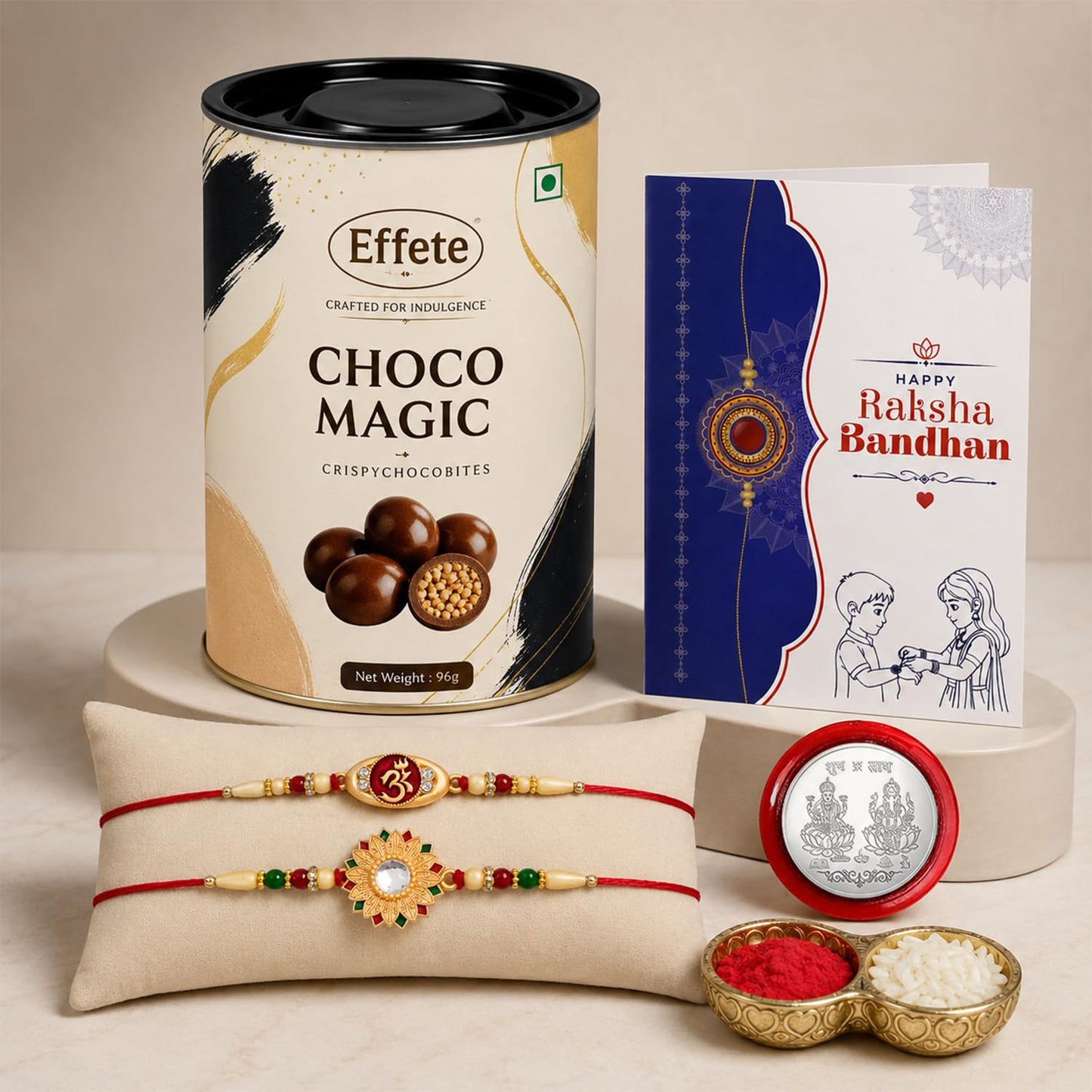 Multicolor OM Rakhi & Chocolate Magic 96gm with Roli Chawal, Silver Color Pooja Coin & Greeting Card, Rakhi with chocolate, Rakshbandhan Combo, Pack of 6 For Raksha Bandhan