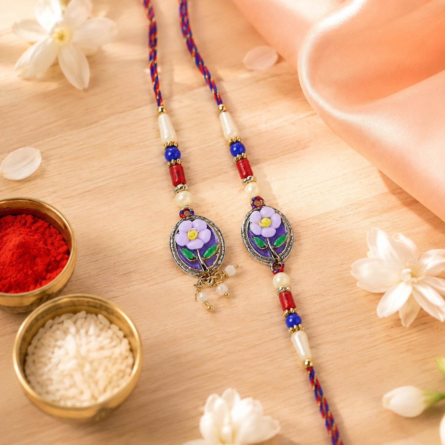 Designer Elegant Multicolor Flower Rakhi for Brother with Roli Tikka, Pack of 5