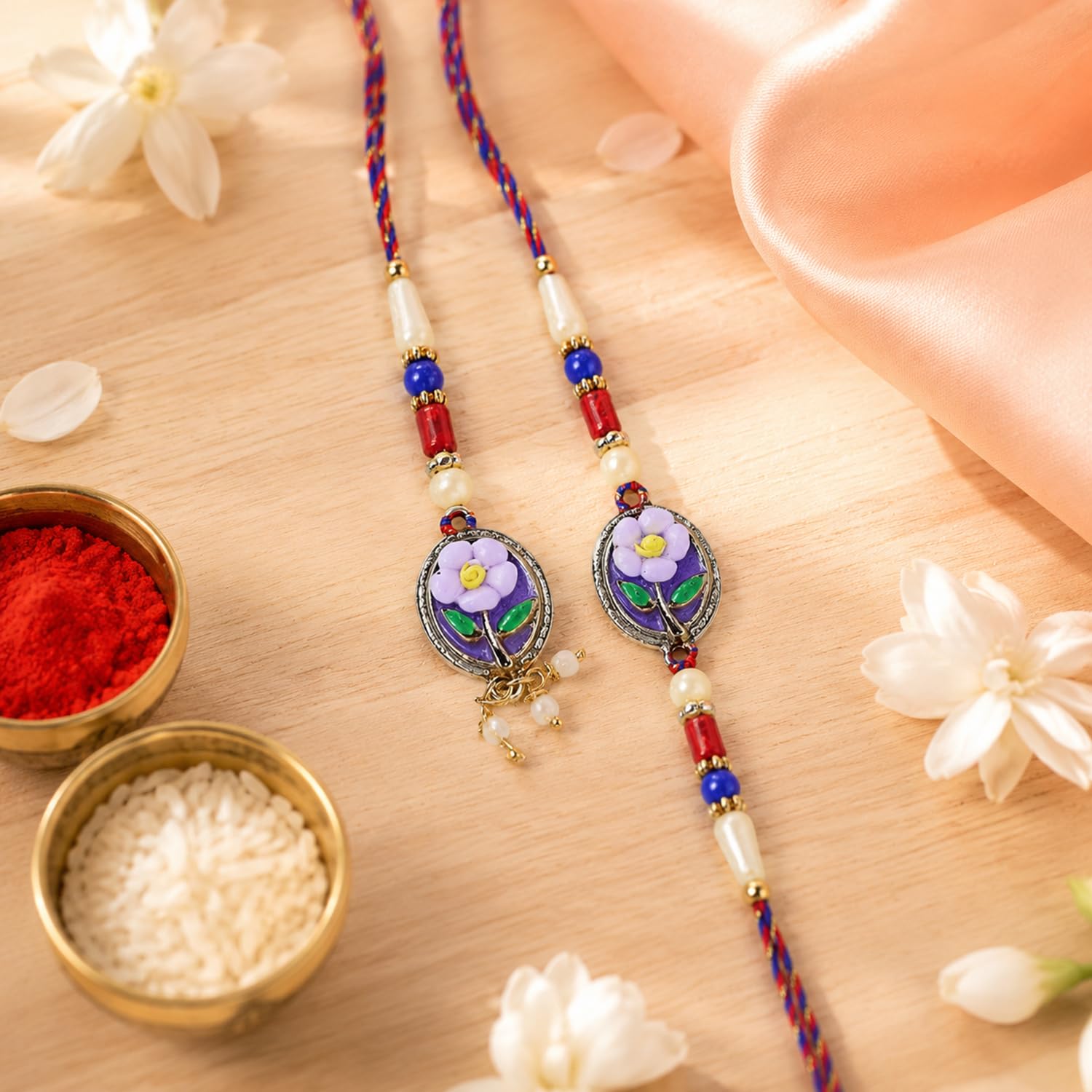 Designer Elegant Multicolor Flower Rakhi for Brother with Roli Tikka, Pack of 5