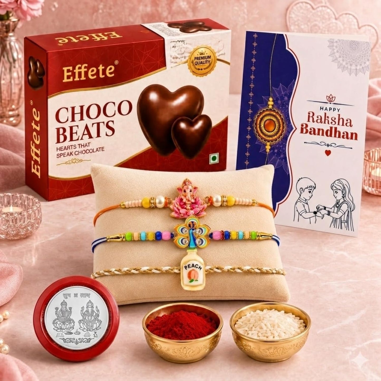 Peacock Rakhi for Brother with Choco Beats 32gm, Roli Tikka & Card | Pack of 7