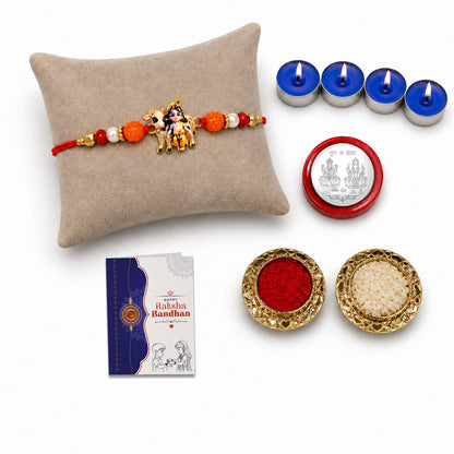 Krishna Cow Rakhi Combo - Raksha Bandhan Gift with Tealight Candles 4pcs, Pack of 5