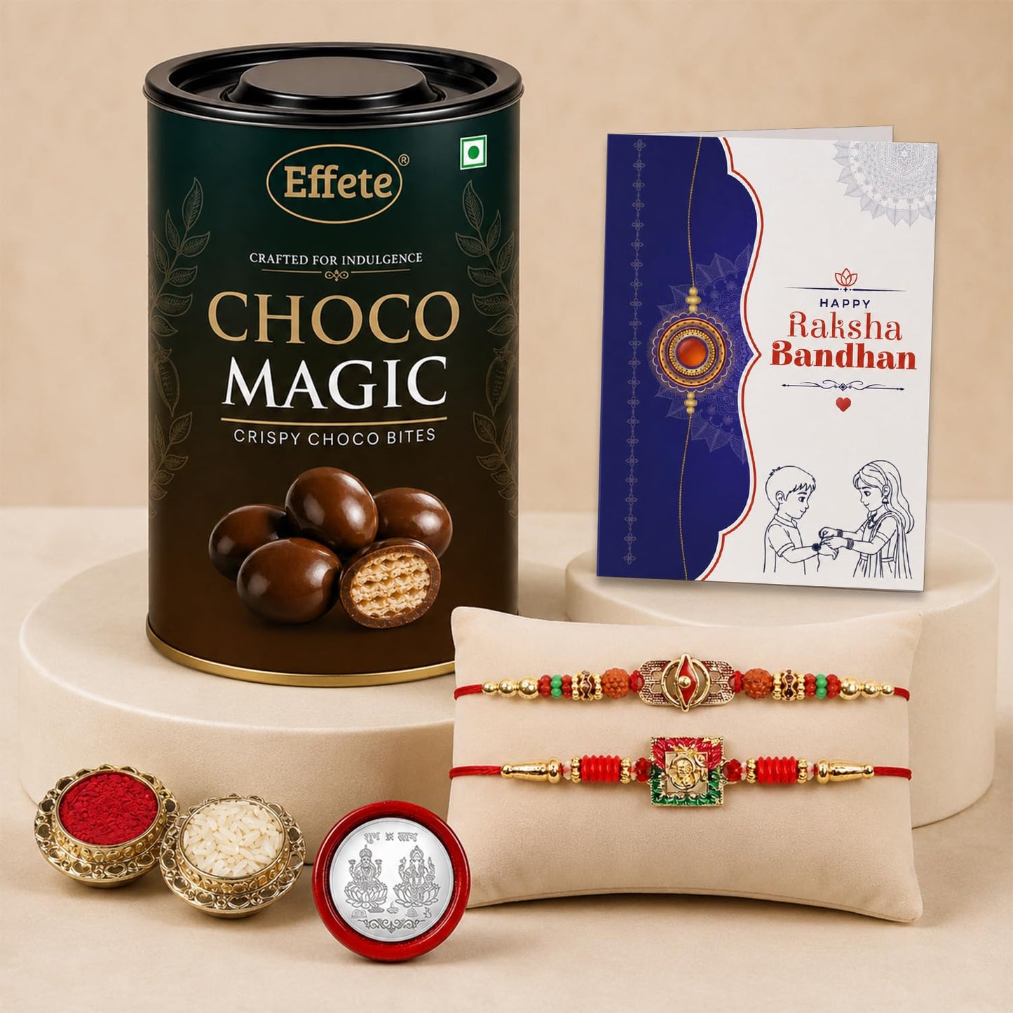 Trinetra, Deity Multicolor Rakhi & Chocolate Magic 96gm with Roli Chawal, Silver Color Pooja Coin & Greeting Card, Rakshbandhan Combo, Rakhi & Chocolate, Pack of 6 For Raksha Bandhan