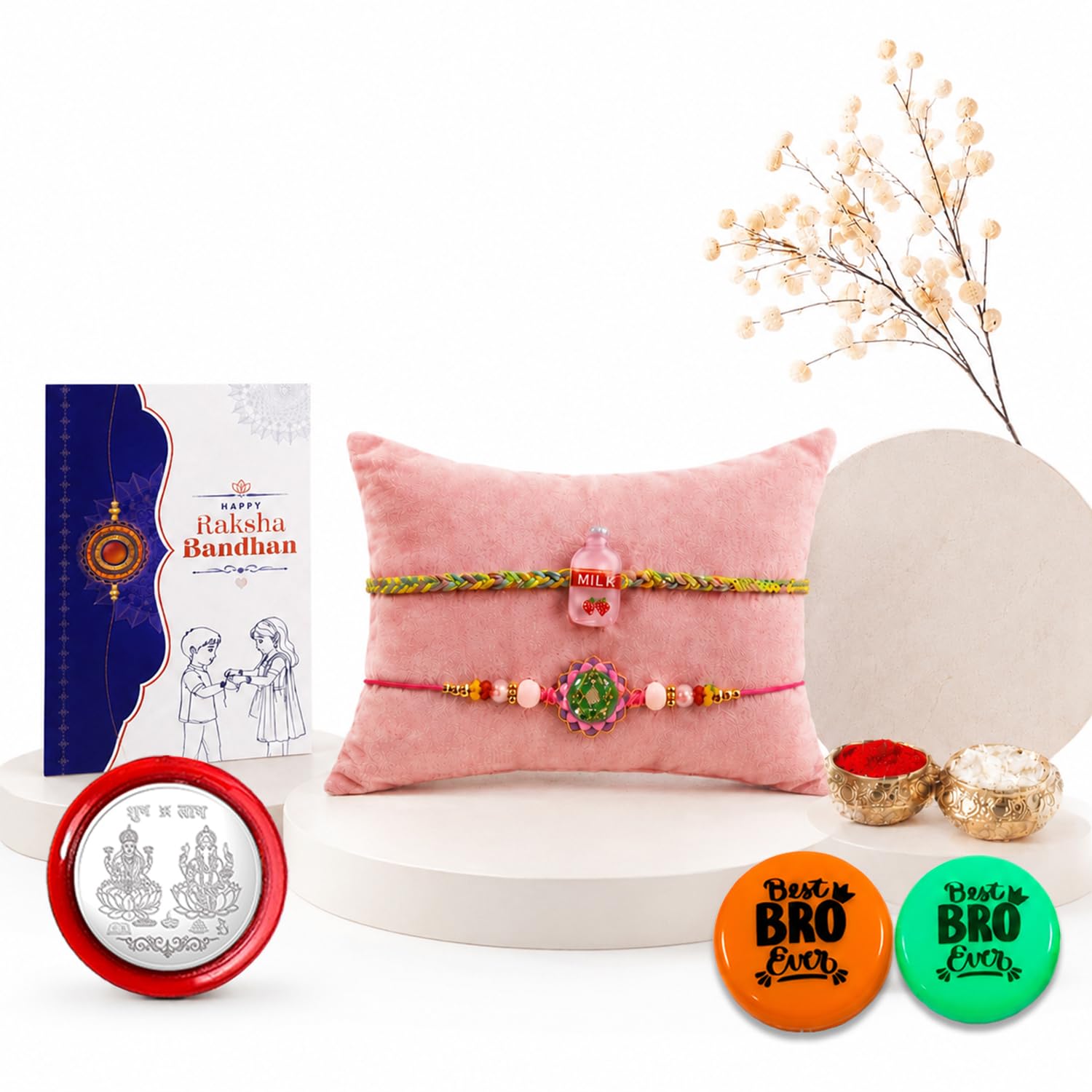 Lotus Motif,Charm Multicolor Rakhi & Multicolour Decorative Magnets | Pack of 7