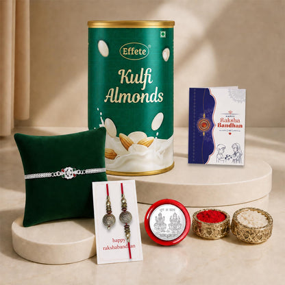 Designer Rakhi for Brother with Kulfi Almonds 96gm, Roli Tikka & Card, Pack of 6