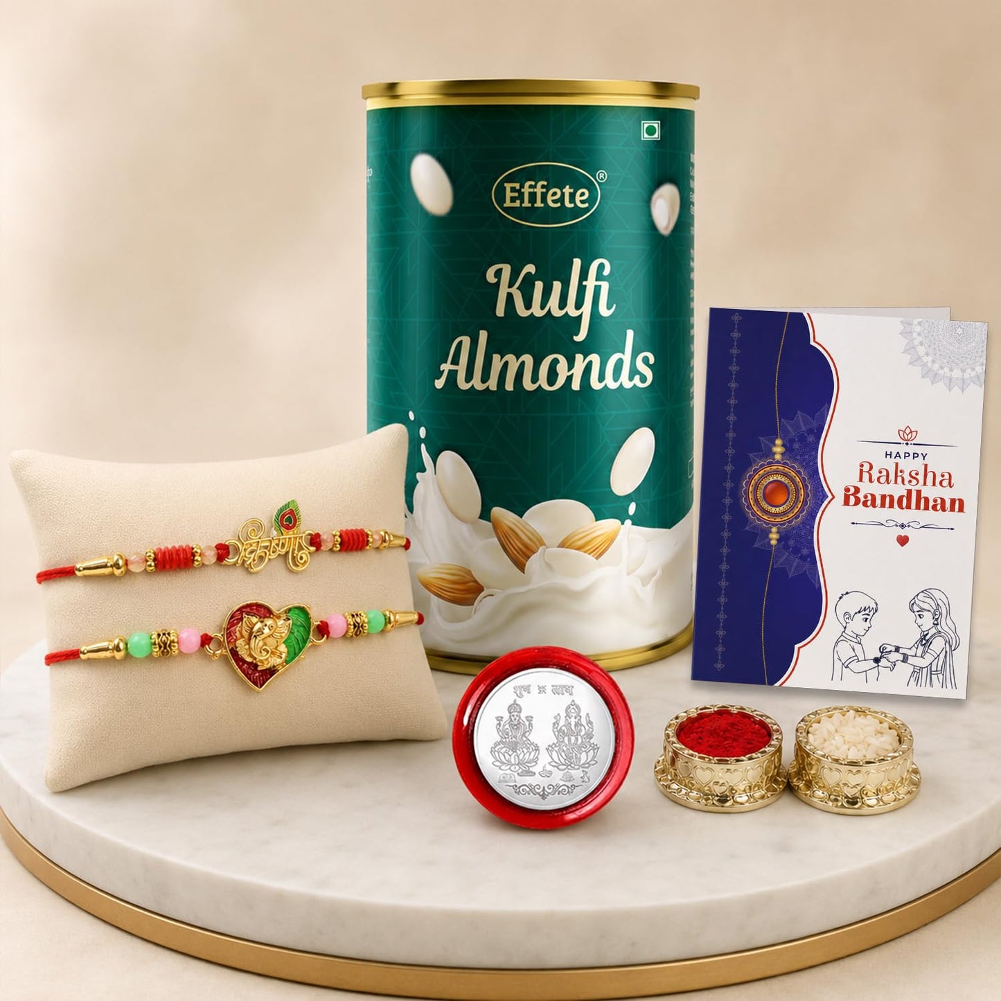 Krishna Rakhi for Brother with Kulfi Almonds 96gm, Roli Tikka & Card, Pack of 6