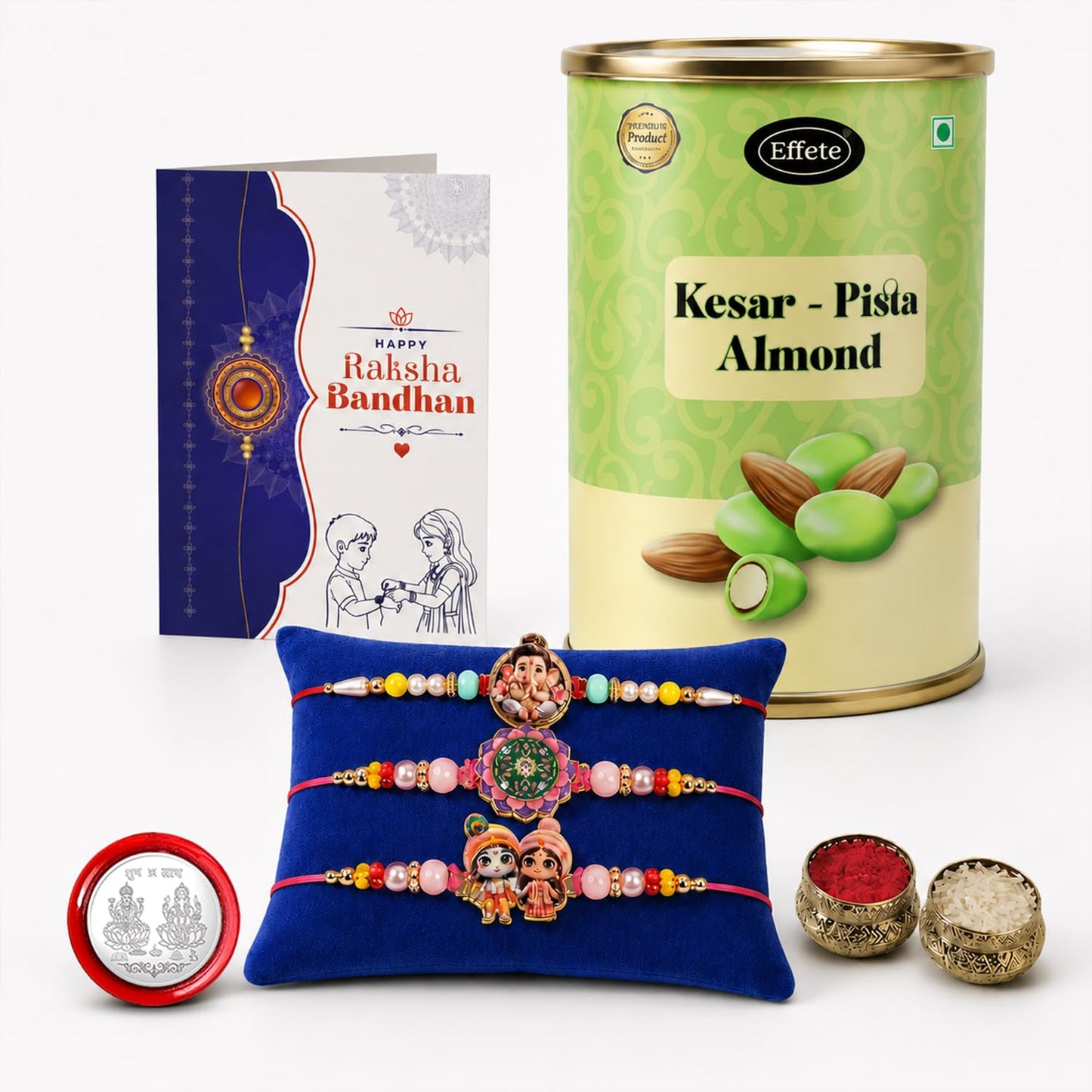 Ganesha Rakhi for Brother with Kesar-Pista Almond 96gm, Coin & Card, Pack of 7