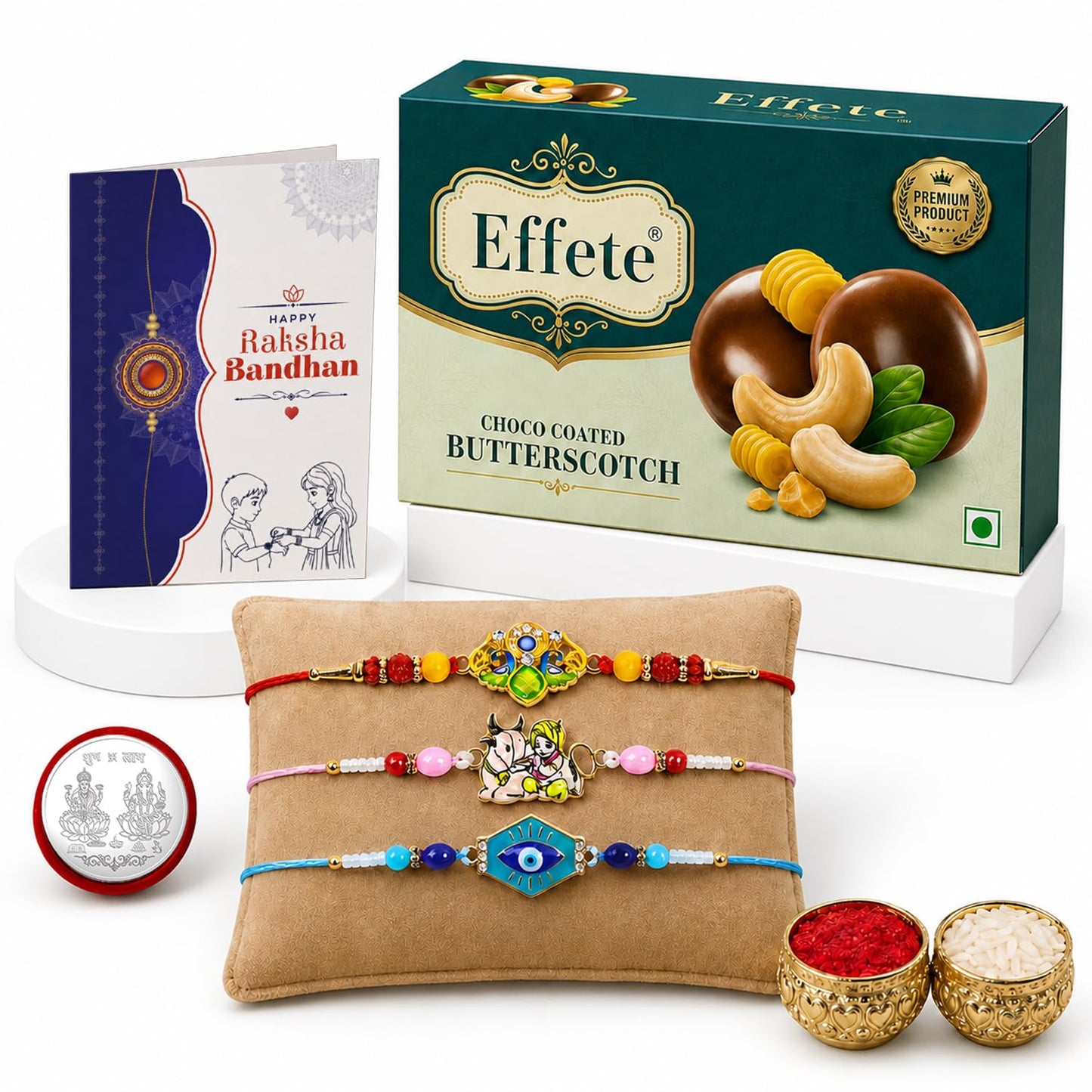Krishna, Trishul Rakhi Combo - Raksha Bandhan Gift with Choco Butterscotch 32gm, Pack of 7