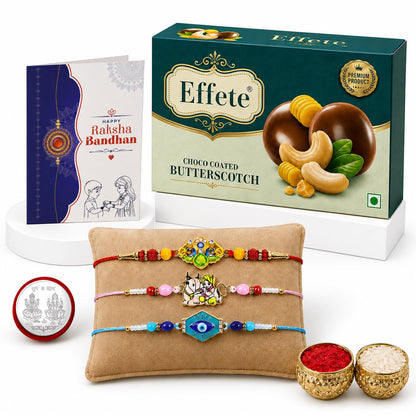 Krishna, Trishul Rakhi Combo - Raksha Bandhan Gift with Choco Butterscotch 32gm, Pack of 7
