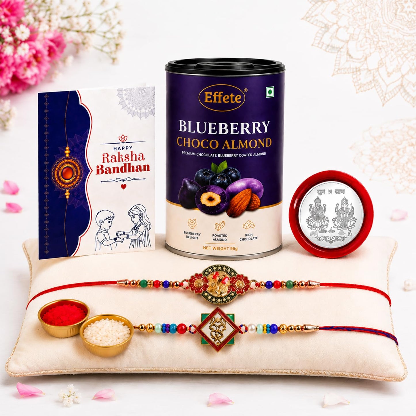 Ganesh Charm Rakhi for Brother with Blueberry Almond 96gm, Coin & Card, Pack of 6