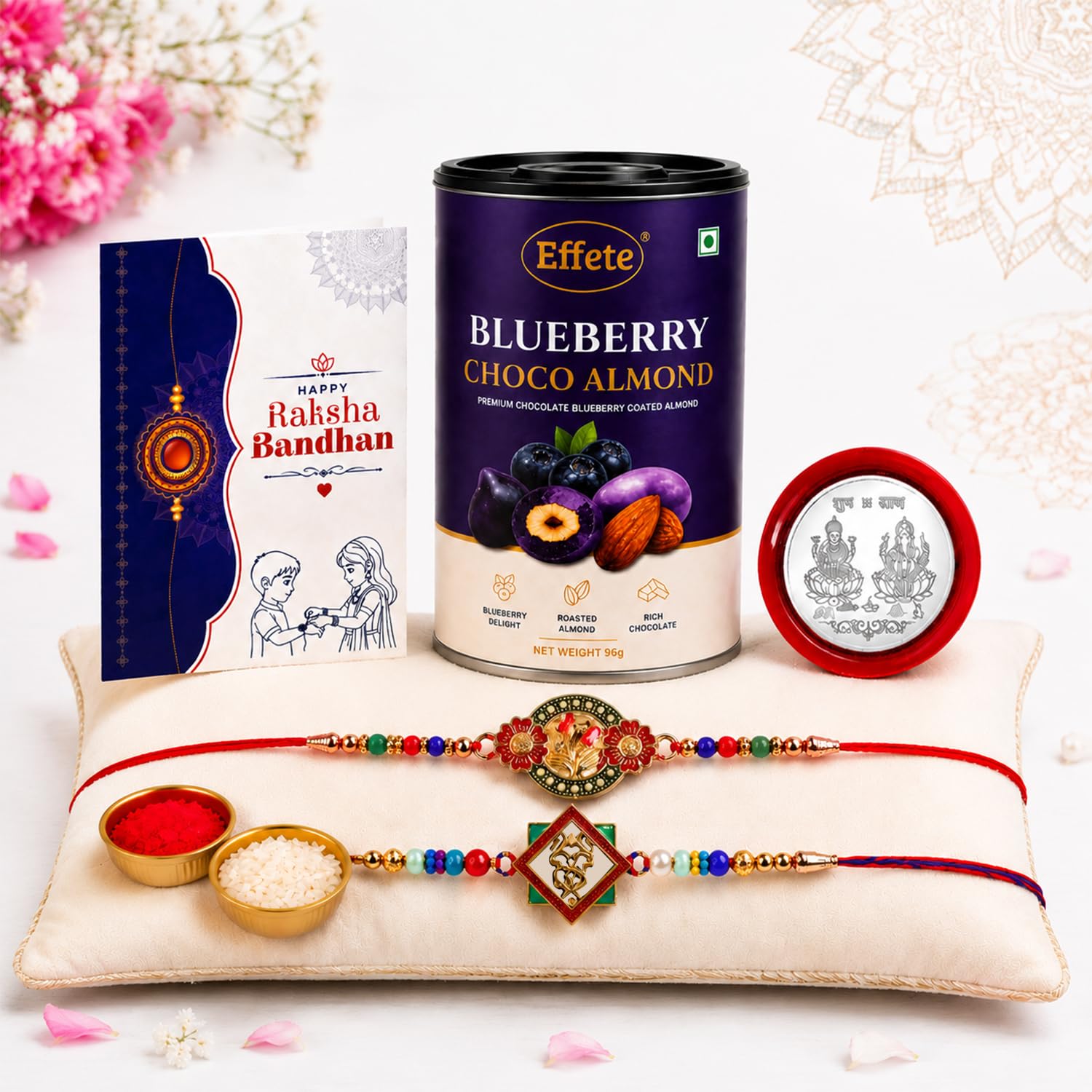 Ganesh Charm Rakhi for Brother with Blueberry Almond 96gm, Coin & Card, Pack of 6
