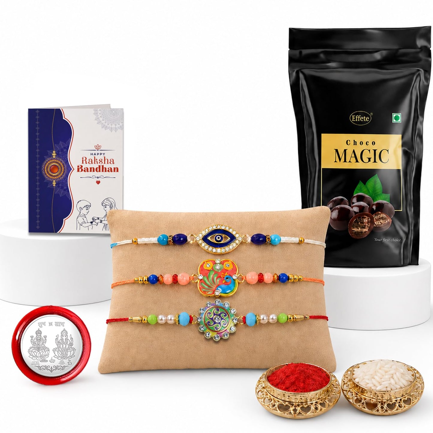 Evil Eye Rakhi Combo - Raksha Bandhan Gift with Choco Magic Standy Pouch, Pack of 7