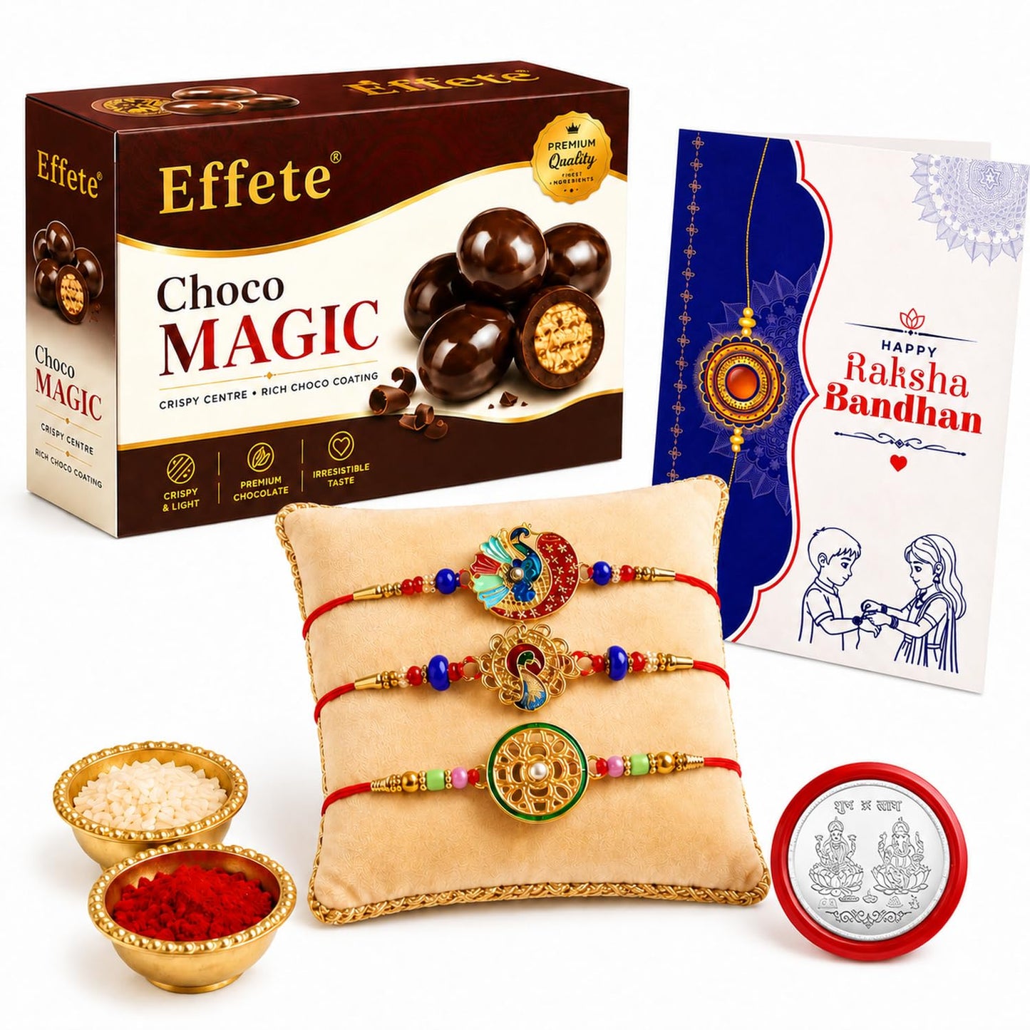 Floral Motif Rakhi for Brother with Chocolate Magic 96gm, Coin & Card, Pack of 7