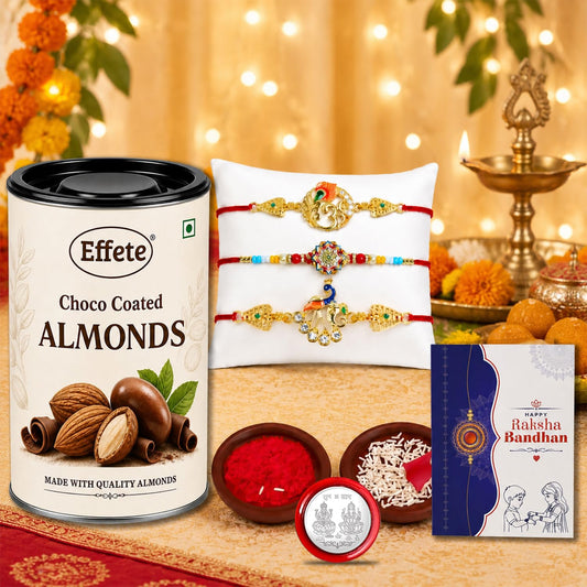 Rakhi with Chocolate for Brother (Set of 7) – Raksha Bandhan Festival Celebration Pack with OM, Flower & Peacock Design Rakhi, Chocolate, Roli Chawal, Silver Color Pooja Coin & Greeting Card