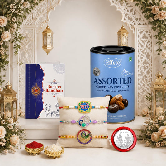 Radhe Rakhi for Brother with Choco Dryfruits 96gm, Roli Tikka & Card, Pack of 7