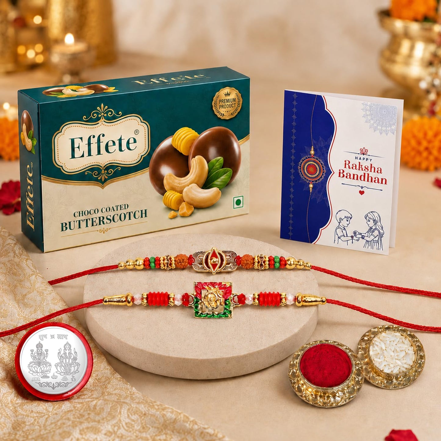 Deity Rakhi for Brother with Butter Scotch 32gm, Roli Tikka & Card, Pack of 6