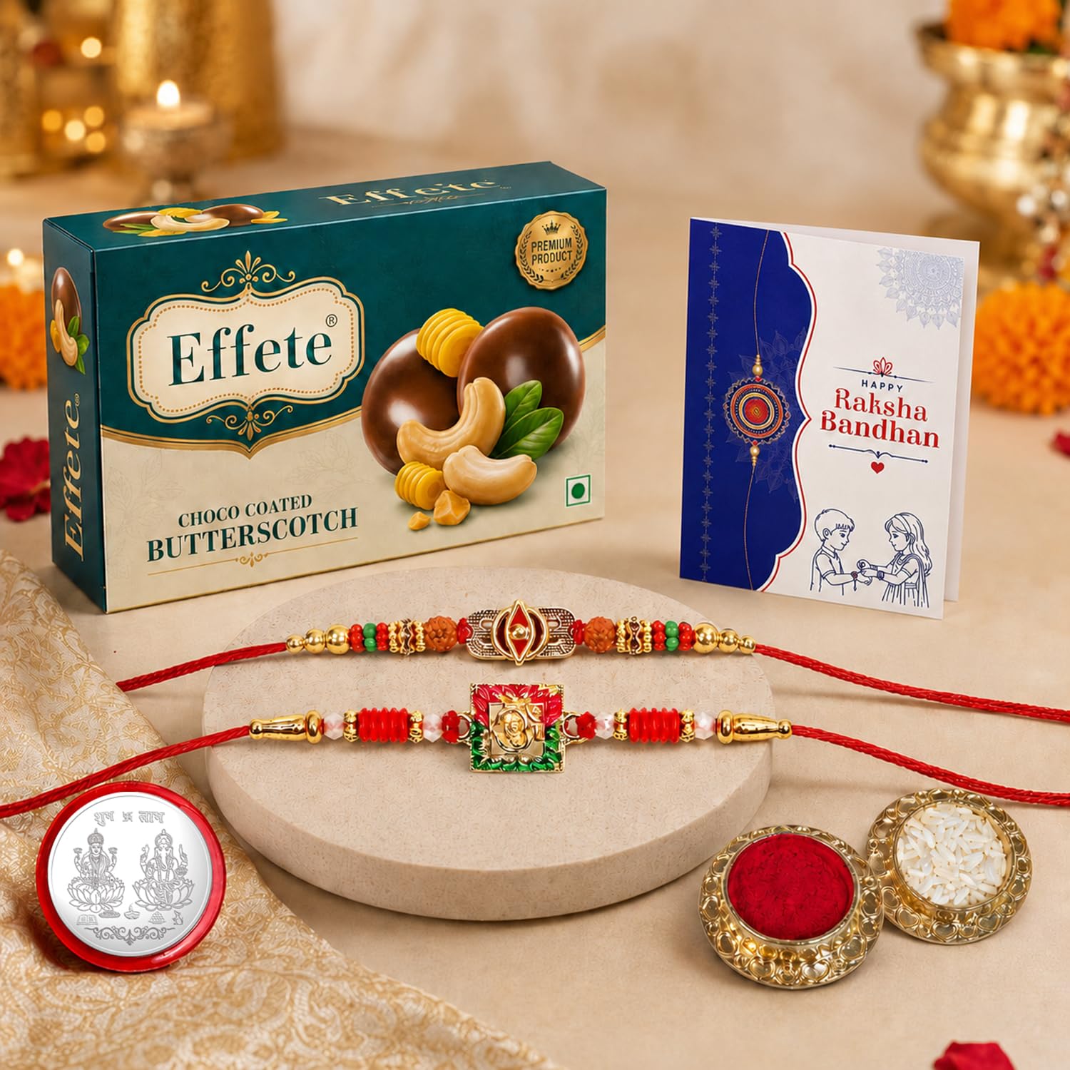 Deity Rakhi for Brother with Butter Scotch 32gm, Roli Tikka & Card, Pack of 6