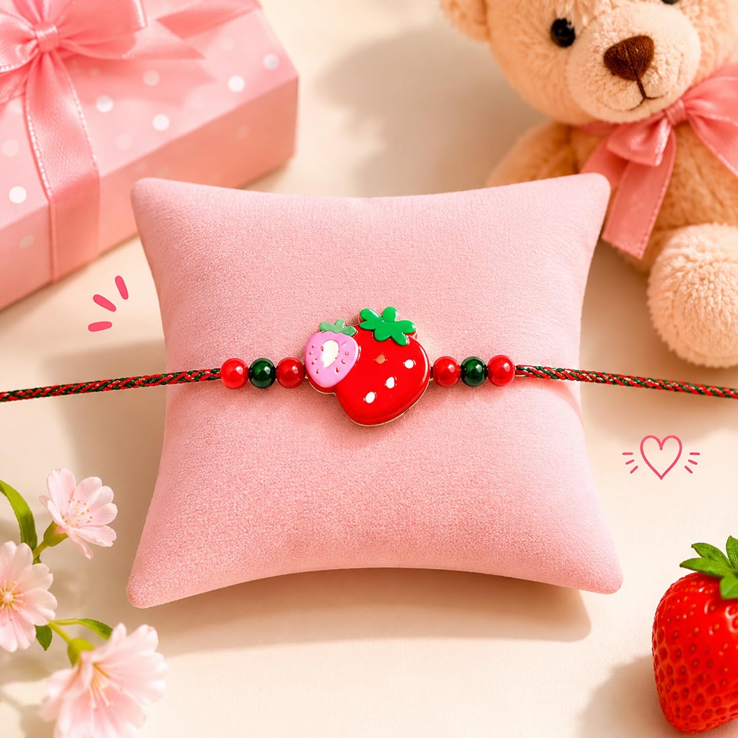 Strawberry charm Rakhi for Brother with Choco Magic 32gm, Coin & Card, Pack of 6