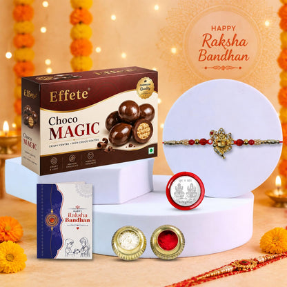 Ganesh Rakhi for Brother with Chocolate Magic 96gm, Roli Tikka & Card, Pack of 5