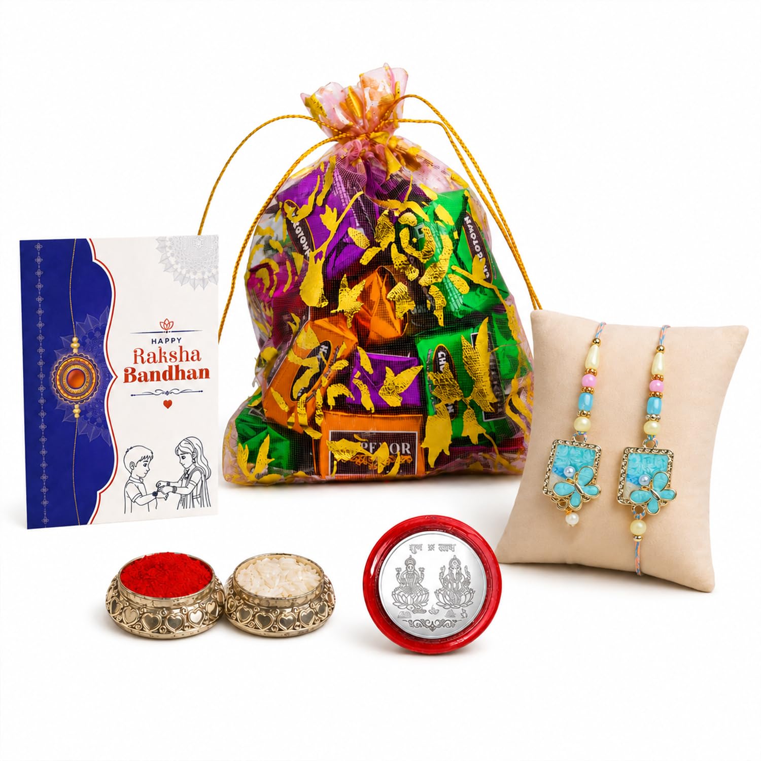 Designer Rakhi for Brother with Assorted Treats, Roli Tikka & Card | Pack of 6