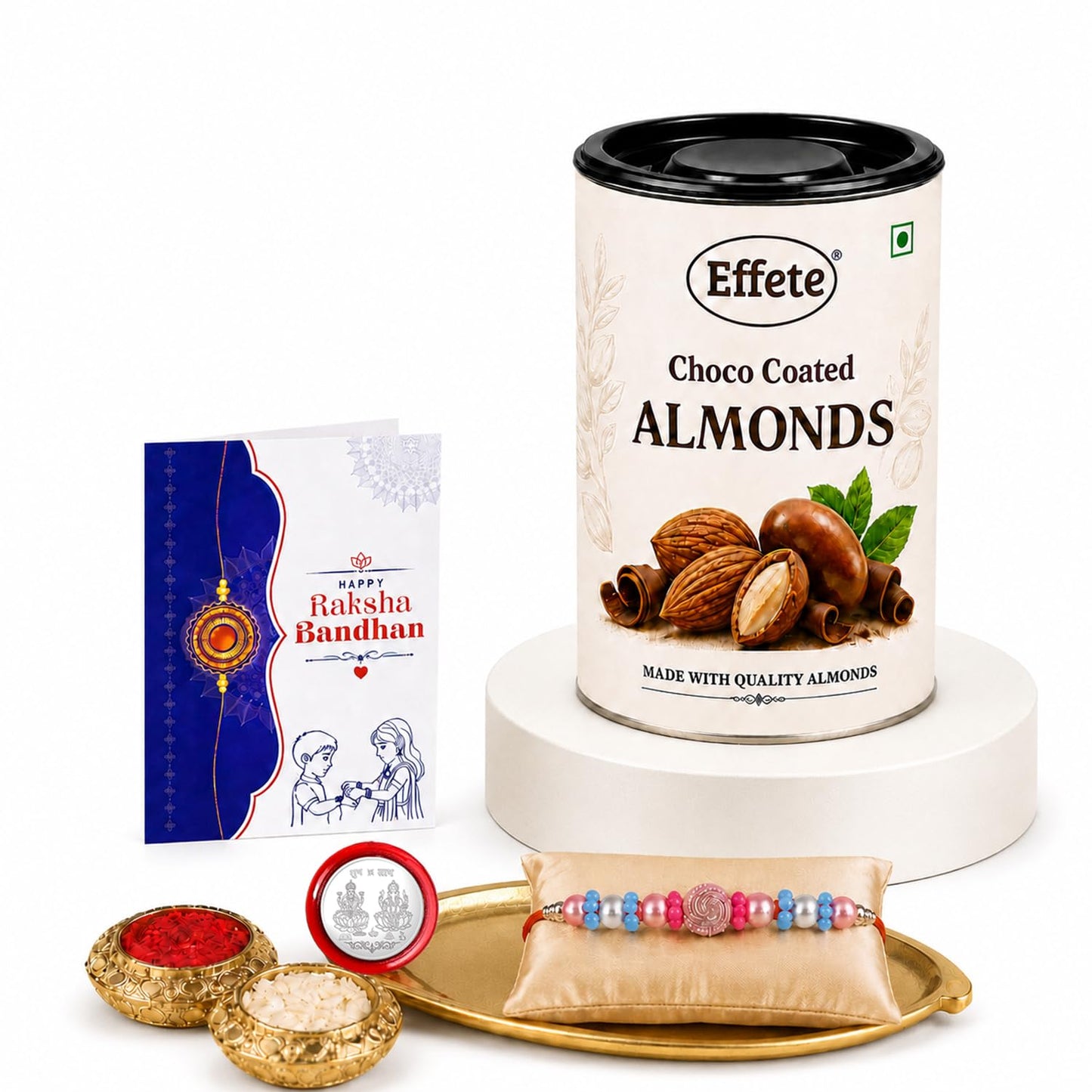 Multicolor Beads Rakhi for Brother with Chocolate Almonds 96gm, Pack of 5
