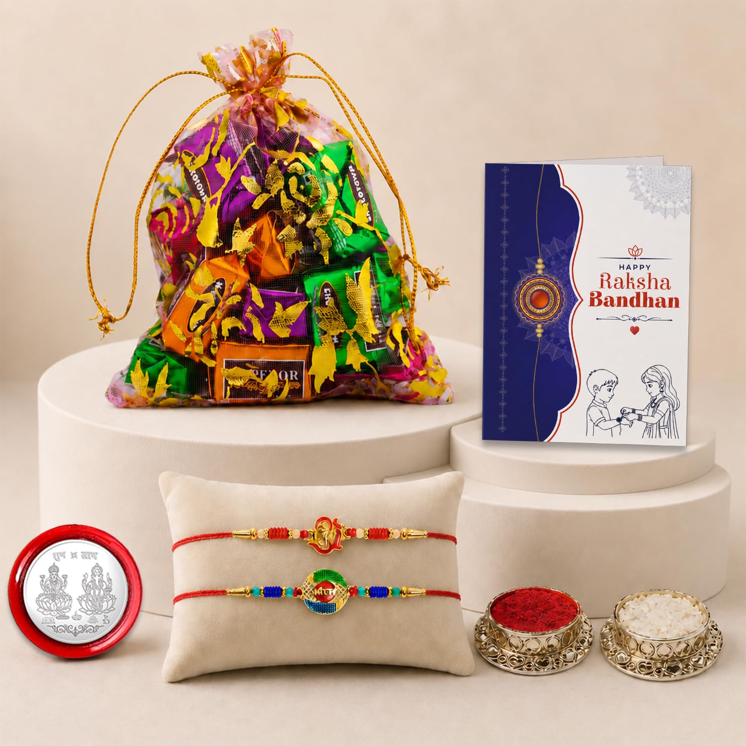 Om Ganesha Rakhi for Brother with Assorted Treats, Roli Tikka & Card, Pack of 6
